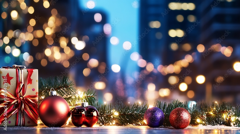Poster festive christmas ornament display in urban setting with twinkling lights : generative ai
