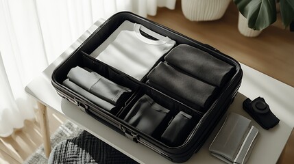 Smart and Practical Packing with Clothes and Accessories in Black Suitcase on Table : Generative AI