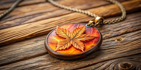 Close-Up of a Handmade Pendant with Orange Lacquered Leaves on Wooden Background, Ideal for Travel Blogs, Magazines, and Articles Featuring Unique Jewelry Designs