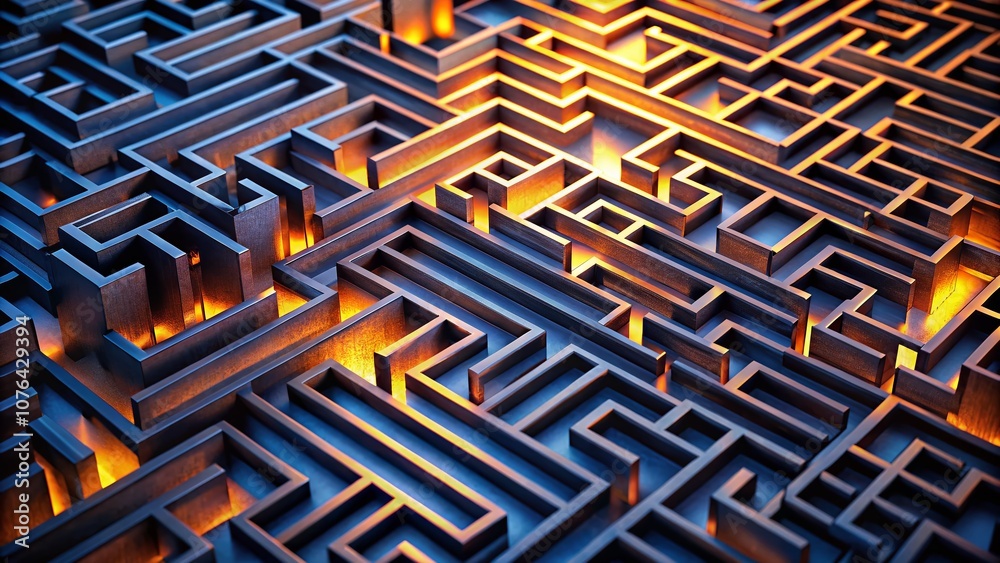 Poster close-up of a modern maze with intricate lines and geometric patterns in low light, showcasing depth