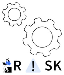 Gears representing processes, person with a laptop symbolizing analytical work, exclamation mark highlighting attention. Ideal for business planning, risk management, process evaluation, data