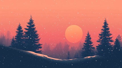 Fototapeta premium Snow falling on pine trees during sunset in a winter wonderland