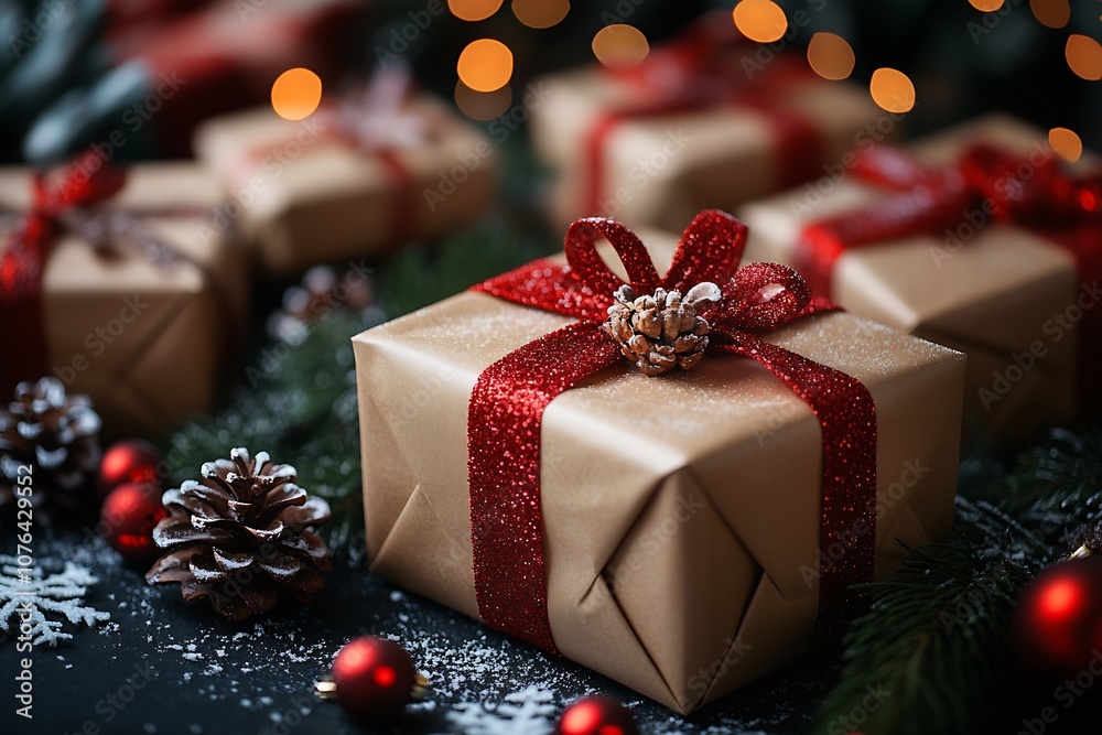 Poster christmas presents wrapped in elegant red ribbon and decorated with snowy pine cones : generative ai