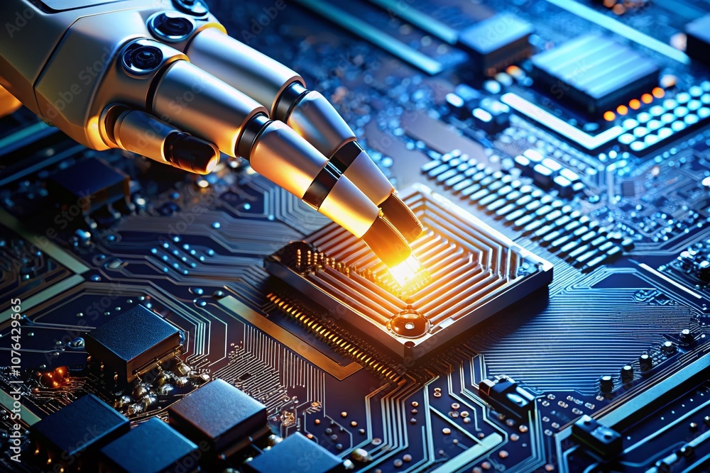 Poster close-up of a robot hand touching a computer chip - concept of technology and innovation in modern c