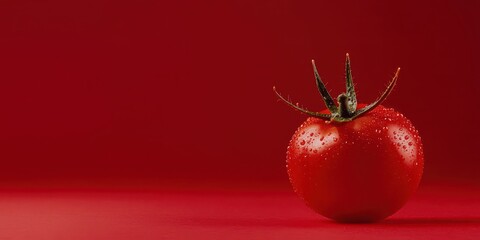 A vibrant red tomato sitting on a matching red background, glistening with moisture, showcasing its freshness and natural beauty.