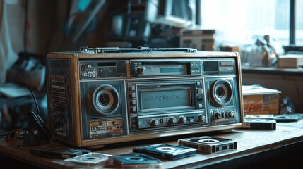 Fototapeta premium Vintage Radio with Cassette Tapes on a Wooden Table