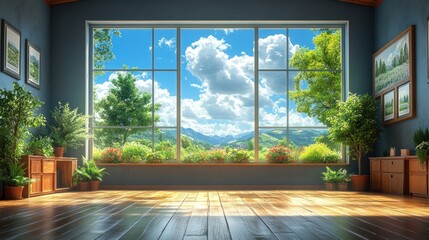 Fototapeta premium Bright room with large windows showcasing a scenic landscape.