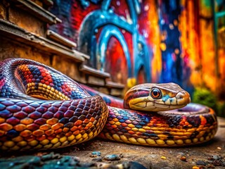 Fototapeta premium Close-Up of a Serpent in an Urban Environment, Showcasing the Intricate Patterns and Textures of Its Scales Against a Graffiti-Decorated Wall in a Forgotten Alleyway