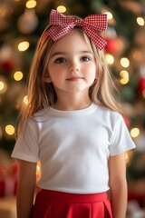 Young Girl in Festive Setting with Red Checkered Bow and Christmas Decor : Generative AI