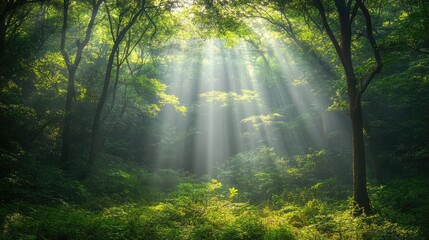 Obraz premium Sunlight streams through a lush forest canopy, creating a magical atmosphere.