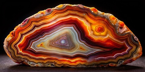 Close-Up of Agate Structure on a Black Background in Low Light Photography, Capturing the Intricate Patterns and Colors for Nature and Mineral Enthusiasts
