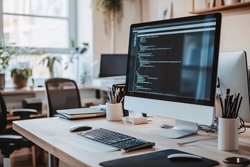 Modern Office Workspace with Computer and Code on Screen