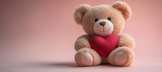 Obraz premium Teddy bear holding a red heart on a soft pink backdrop, evoking feelings of warmth and affection. Suitable for Valentine's Day, love-themed events, or romantic occasions.