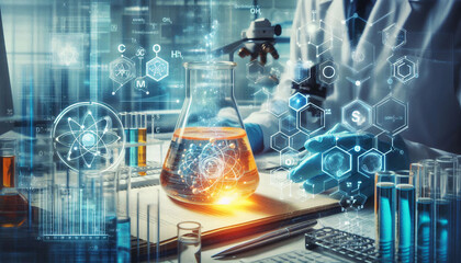 Scientist in a lab analyzing a glowing beaker with digital chemical formulas around, representing advanced scientific research