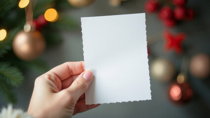 A woman's hand holds a small blank white paper with a blurred background of a Christmas tree.