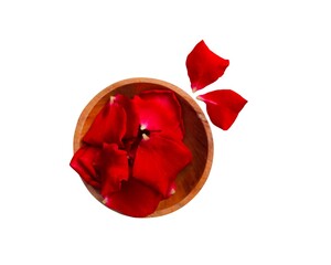 Isolated photo of red rose petals on a small bowl put on the white background. 