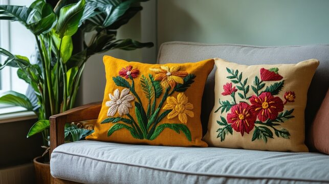 Two embroidered throw pillows with floral designs sit on a couch in a homey living room. The yellow pillow features white,
