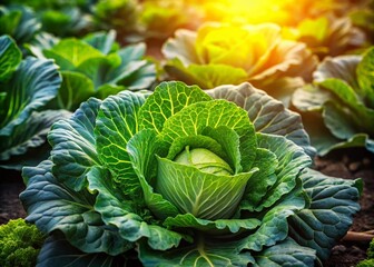 Obraz premium Close-up of Fresh Green Cabbage Growing in a Lush Vegetable Garden Surrounded by Rich Soil and Sunlight, Showcasing Nature's Bounty and Healthy Eating Lifestyle for Stock Photo Needs