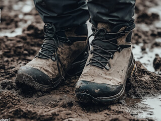 Detailed macro shot of boots on a rocky hiking trail - Powered by Adobe