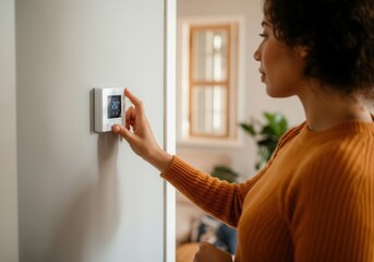 Woman setting temperature on smart thermostat, controlling heating or cooling system in modern house