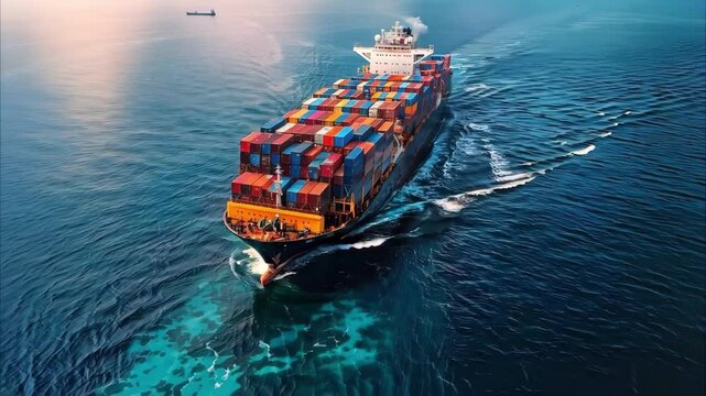A large container ship filled with colorful shipping containers navigates through blue waters.