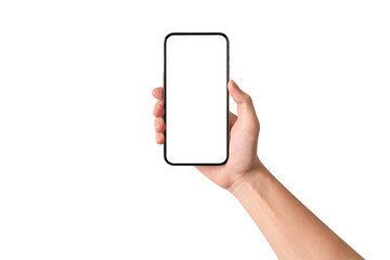 Hand showing smartphone with blank screen isolated on white background.