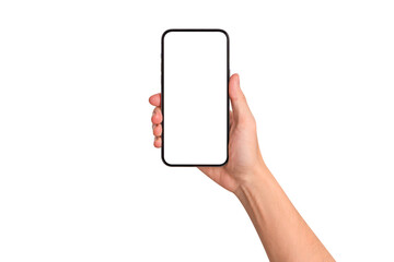 Hand showing smartphone with blank screen isolated on white background.