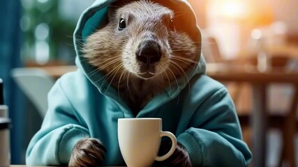 A charming groundhog in a hoodie sits at a table, sipping coffee, and saying. A whimsical morning in cafe. Groundhog Day