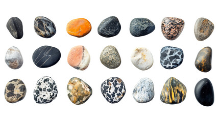 Set of colorful beach pebbles isolated on transparent background