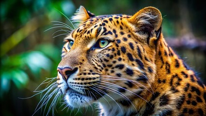 Obraz premium Close-Up Profile of an Amur Leopard Showcasing Its Majestic Features, Stunning Fur Patterns, and Intense Gaze Against a Natural Habitat Background for Wildlife Documentary Photography
