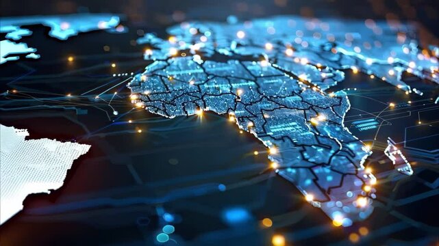 A digitally rendered map of Africa with glowing lines and dots, representing technological connectivity and data flow.