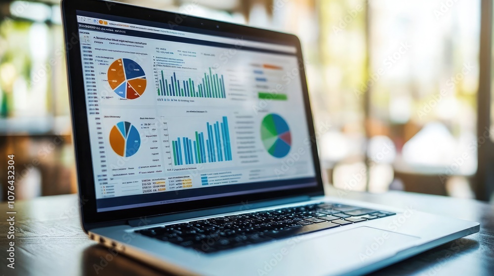 Poster a laptop computer with a screen displaying charts and graphs, suggesting data analysis and financial