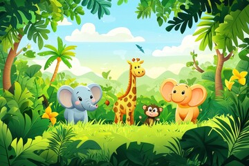 Naklejka premium Captivating Cartoon Jungle Safari Scene with Adorable Animals Inhabiting a Lush Vibrant Natural