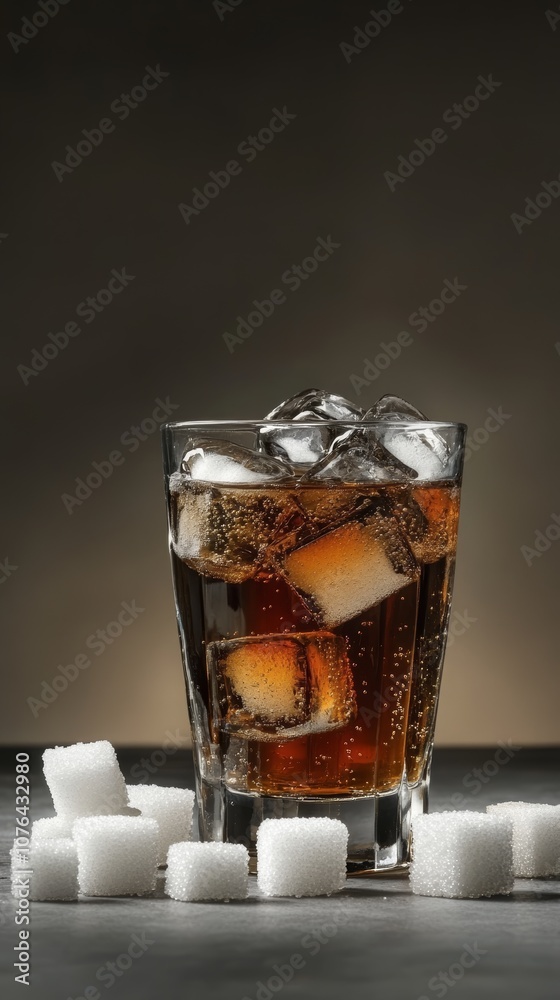 Poster glass of refreshing soda with ice cubes surrounded by sugar cubes, illustrating the concept of exces