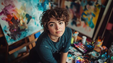 Portrait of an artist with short curly hair, holding a paintbrush in an inspiring studio filled with colorful canvases, engaging in a creative process with vibrant paints and art supplies around.