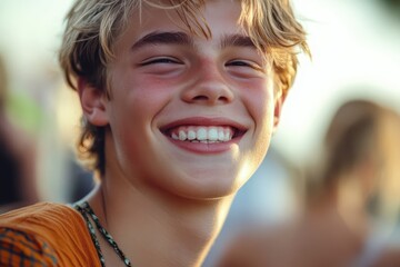 Fototapeta premium Happy youth with genuine smile: close-up of a young person smiling sincerely, warm lighting, relaxed and friendly atmosphere, casual background