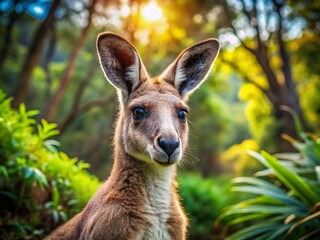 Closeup of a Kangaroo in an Australian National Park with Lush Greenery and Natural Habitat, Showcasing Its Unique Features and Playful Nature in a Captivating Setting