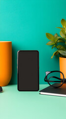A sleek smartphone on a minimalist desk with stylish accessories, ideal for tech ads.


