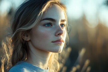 Obraz premium Thoughtful young adult looking away: calm expression, eyes focused off-camera, soft lighting, gentle background, introspective feel