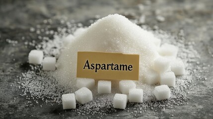Granulated and cube sugar with an aspartame label evokes sugar reduction, no added sugar, and the dangers of sugar, promoting a sugar free or low sugar lifestyle