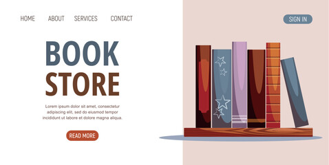 Group of books and glasses on a wooden bookshelf. Website page concept.