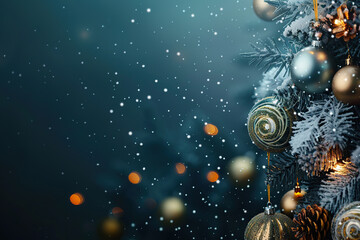 Fototapeta premium Christmas greeting card with bright winter holiday composition and New Year background