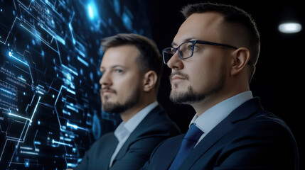 Two managers are standing next to a large holographic touchscreen