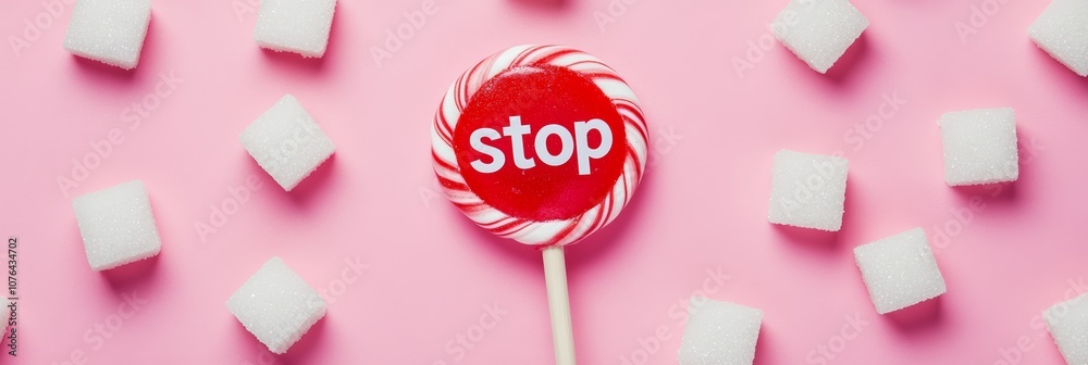Poster lollipop with a stop sign surrounded by sugar cubes symbolizes a call to reduce sugar intake, promot