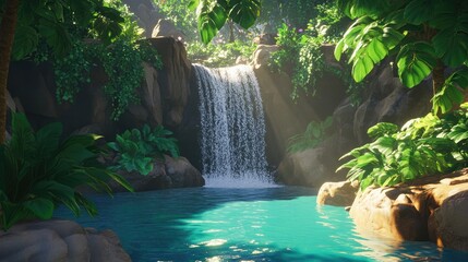 Tranquil waterfall cascading into a crystal-clear pool, surrounded by lush greenery in a tropical rainforest.