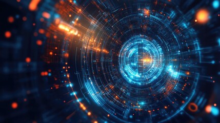 Abstract digital art featuring a swirling, futuristic design with glowing blue and orange lights, reminiscent of a technological portal.