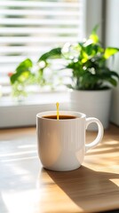 Warm Morning Light Pouring Coffee into a White Mug on Sunlit Counter