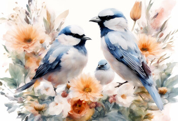 a bird floral pattern art effect painting flower graphic feather beak drawing sitting birds flowers watercolor white leaves background bouquet ai