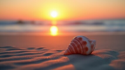  Seashell at sunset for coastal vibes. Shell on rippled sand at sunset, with a glowing horizon and waves in the background, creating a serene beach ambiance.