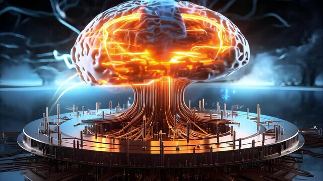 A glowing, futuristic depiction of a brain resembling a nuclear explosion, with intricate circuits and a high-tech environment.